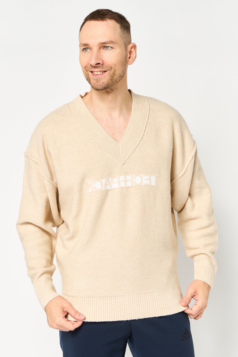 Nike Men Sportswear Fit V Neck Embroidered Logo Sweater, Beige - Image 1